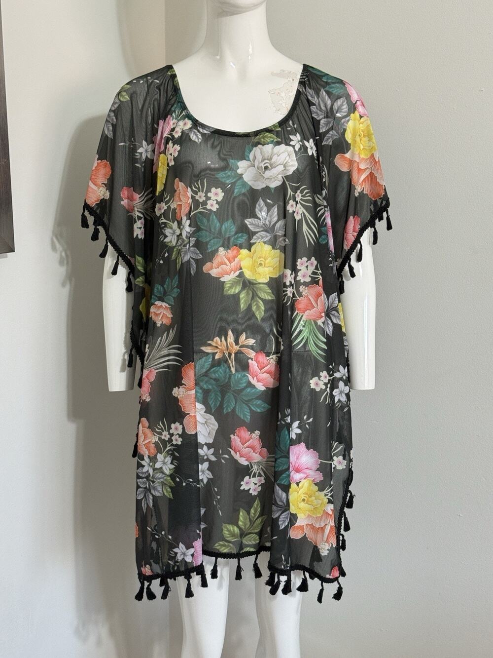 Women’s Floral Kaftan Tunic Swim Coverup Women Tassel Boho Beach Resort Wear 3XL
